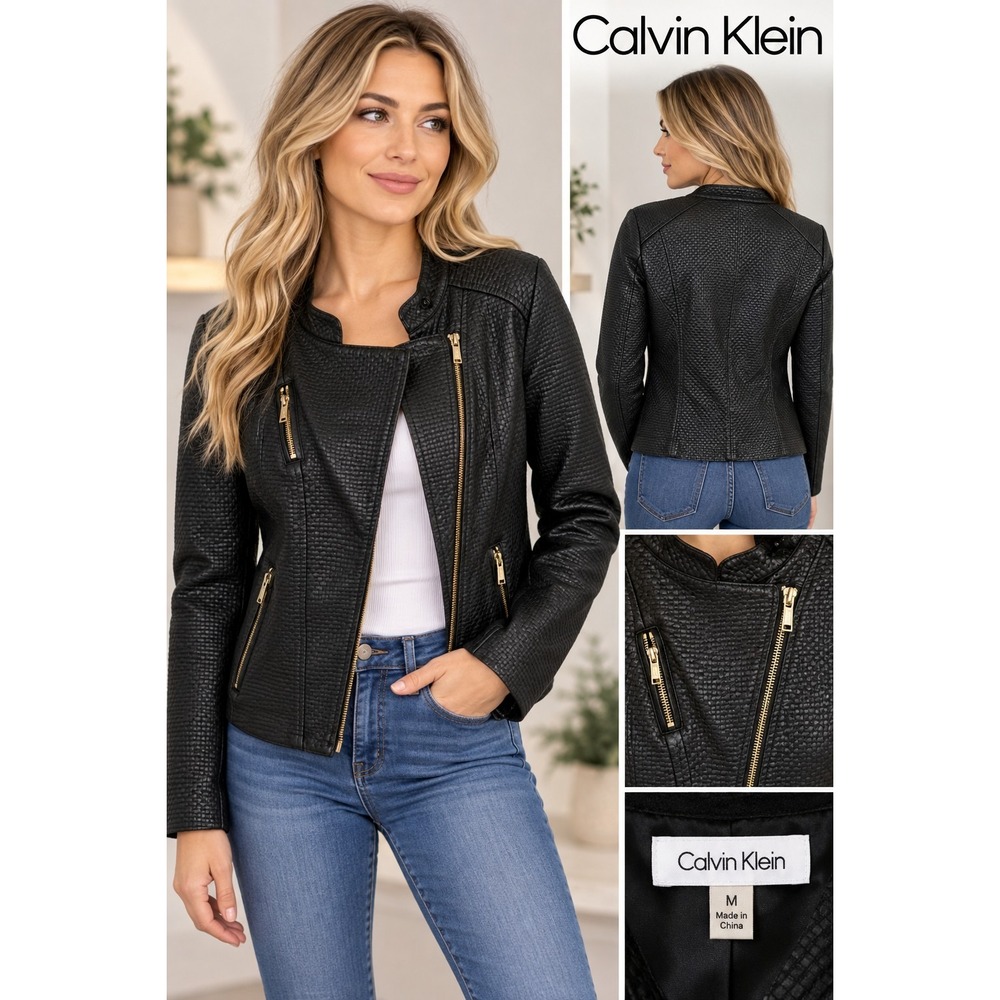 Calvin Klein L Black Vegan Leather Gold Chic Luxury UQ Urban Chic Jacket NWT